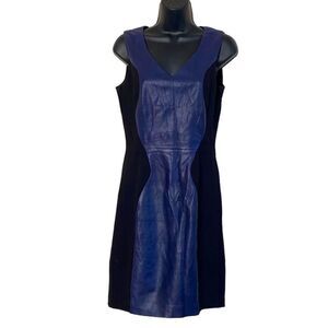 Renvy Blue Leather Inset Black Sleeveless Sheath Dress Sz 6